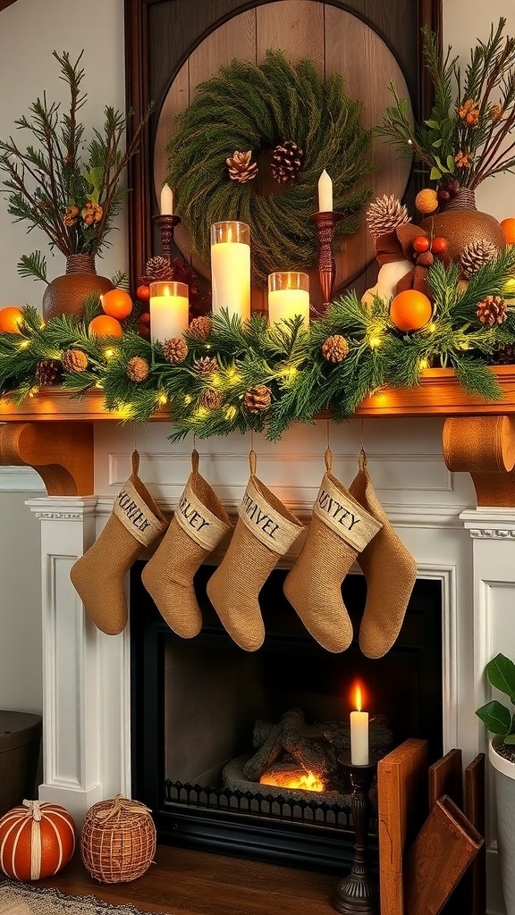 Rustic Christmas fireplace decor with pine garland, burlap stockings, and candles.